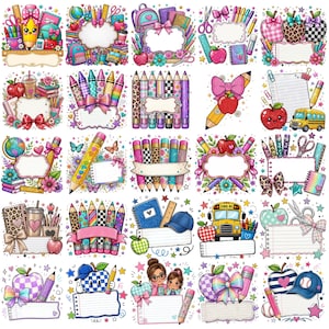 May include: A collection of twenty-five digital illustrations featuring school-themed elements including pencils, apples, notebooks, school buses, and bows, arranged in a grid format with blank white spaces for text labels.