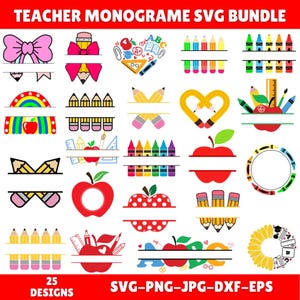 May include: A digital collection of 25 teacher-themed monogram designs featuring school supplies like pencils, crayons, apples, rulers, and bows. The graphics include split-frame elements for personalization, colorful patterns, and the text TEACHER MONOGRAME SVG BUNDLE.