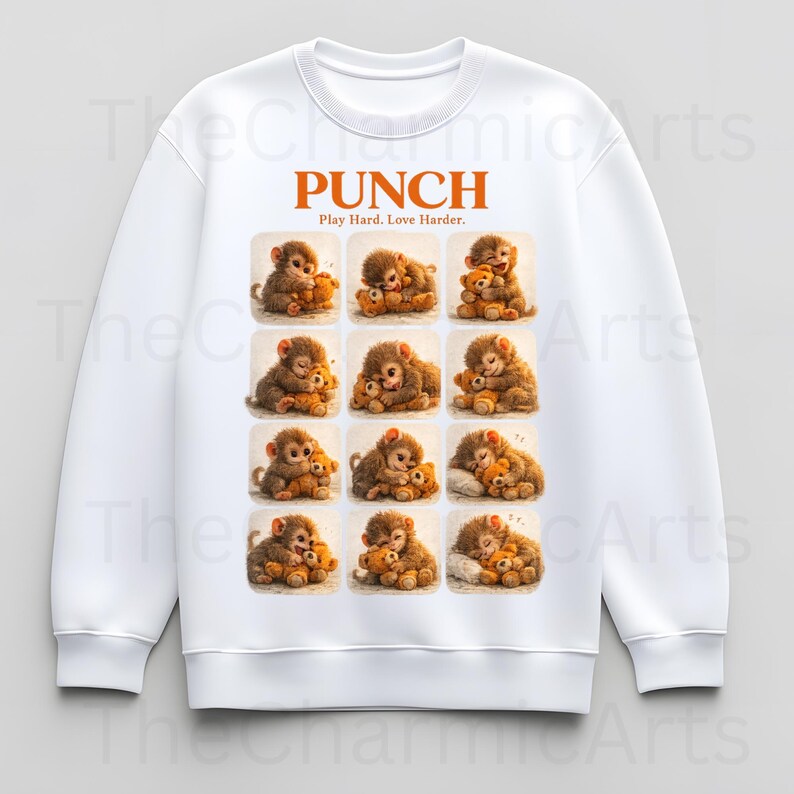 May include: White sweatshirt featuring a repeating pattern of cartoon monkeys hugging teddy bears. The word "PUNCH" is printed in orange above the pattern, with the text "Play Hard. Love Harder." below it.