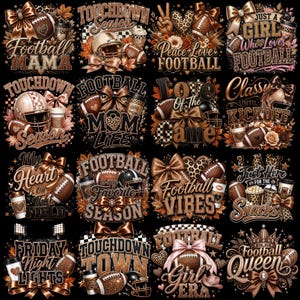 Puede incluir: Una colecci&oacute;n de diecis&eacute;is dise&ntilde;os gr&aacute;ficos con ilustraciones de f&uacute;tbol americano, incluyendo balones, cascos, lazos, tazas de caf&eacute; y hojas de oto&ntilde;o, con textos como Football Mama, Touchdown Season y Football Queen en tonos marrones y dorados.