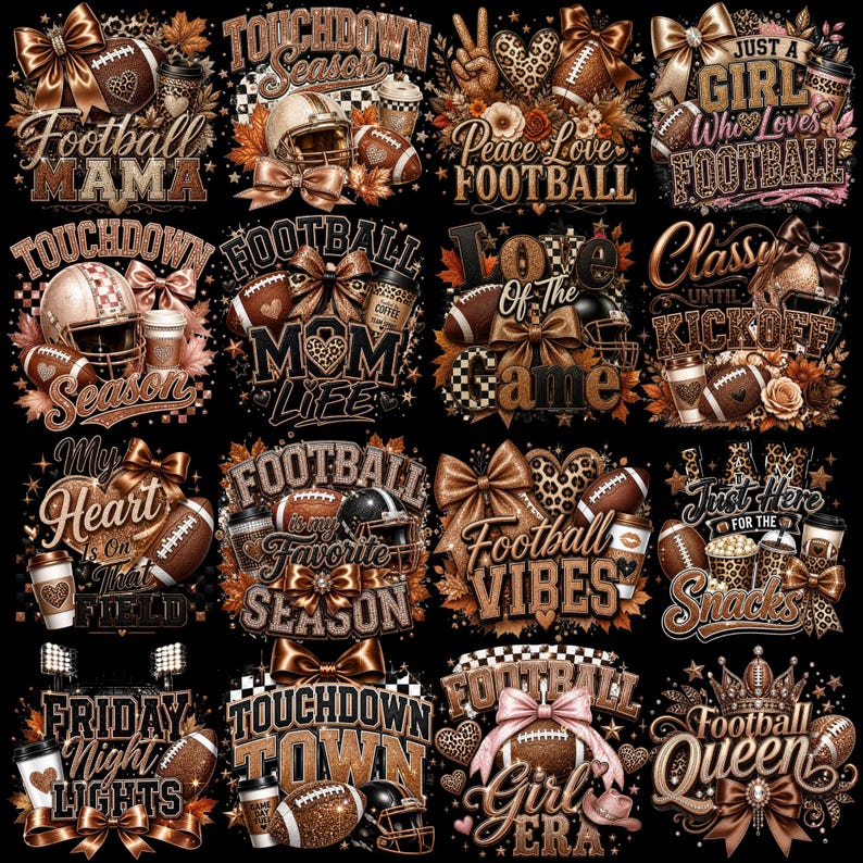 Puede incluir: Una colecci&oacute;n de diecis&eacute;is dise&ntilde;os gr&aacute;ficos con ilustraciones de f&uacute;tbol americano, incluyendo balones, cascos, lazos, tazas de caf&eacute; y hojas de oto&ntilde;o, con textos como Football Mama, Touchdown Season y Football Queen en tonos marrones y dorados.
