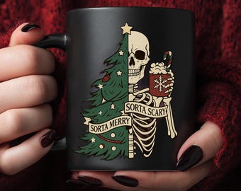 Taza navideña gótica, taza de café navideña alegre y aterradora