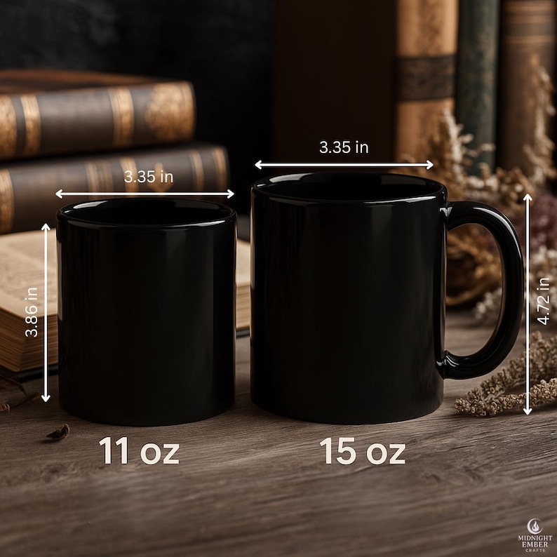May include: Two black ceramic mugs, one 3.86 inches tall and the other 4.72 inches tall, both with a 3.35-inch diameter. The smaller mug holds 11 oz, and the larger one holds 15 oz. The mugs are on a wooden surface, with books in the background.