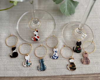 8 Set Wine Charms Cat Themed Drink Markers Name Tags Stocking Stuffer Christmas Party Favors Gift Bridal Shower