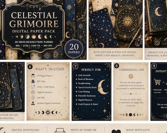 Celestial Grimoire Digital Paper Pack | Moon Phase, Zodiac, Witchy Junk Journal (Digital Download)