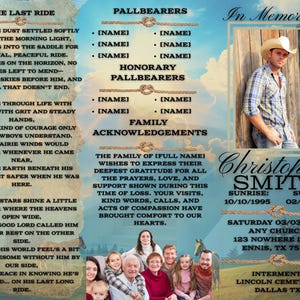 Peut inclure: Carte commémorative sur le thème du cowboy. La carte présente une photo d'un homme portant un chapeau de cowboy, un poème et des espaces pour les noms. Le fond est un ciel avec des nuages.