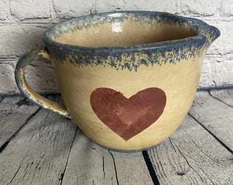 VTG  Blue Sponge Ware Red Heart Pottery Bowl 8 5/8" X 5"