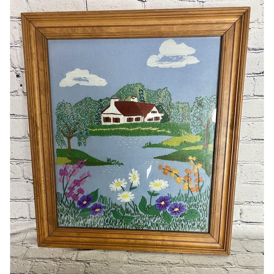 Vintage Large Crewel Embroidery Cottage Flowers Wood Glass Framed 22 1/ ...