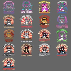 Puede incluir: Una colección de diseños gráficos coloridos con gatos como DJs. Cada diseño incluye un gato con auriculares y gafas de sol, con texto como "I'm a Paw-ty Girl", "In DJ We Trust" y "Mixing Memories". Los diseños están sobre un fondo gris oscuro.