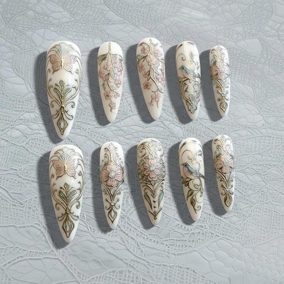 Handmade Vintage Floral Press On Nails | Ivory Baroque Flowers & Birds Art | Elegant Romantic Nails