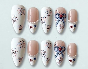 Patriotic Fourth of July Press On Nails | Firework, Star & American Flag 3D Art | Nails For Independence Day Aesthetic Vibe