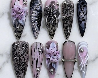 Gothic Lily Press On Nails, Black Lace 3D Floral Nails, Dark Coquette Manicure, Gothic Glam False Nails, Alternative Nail Set