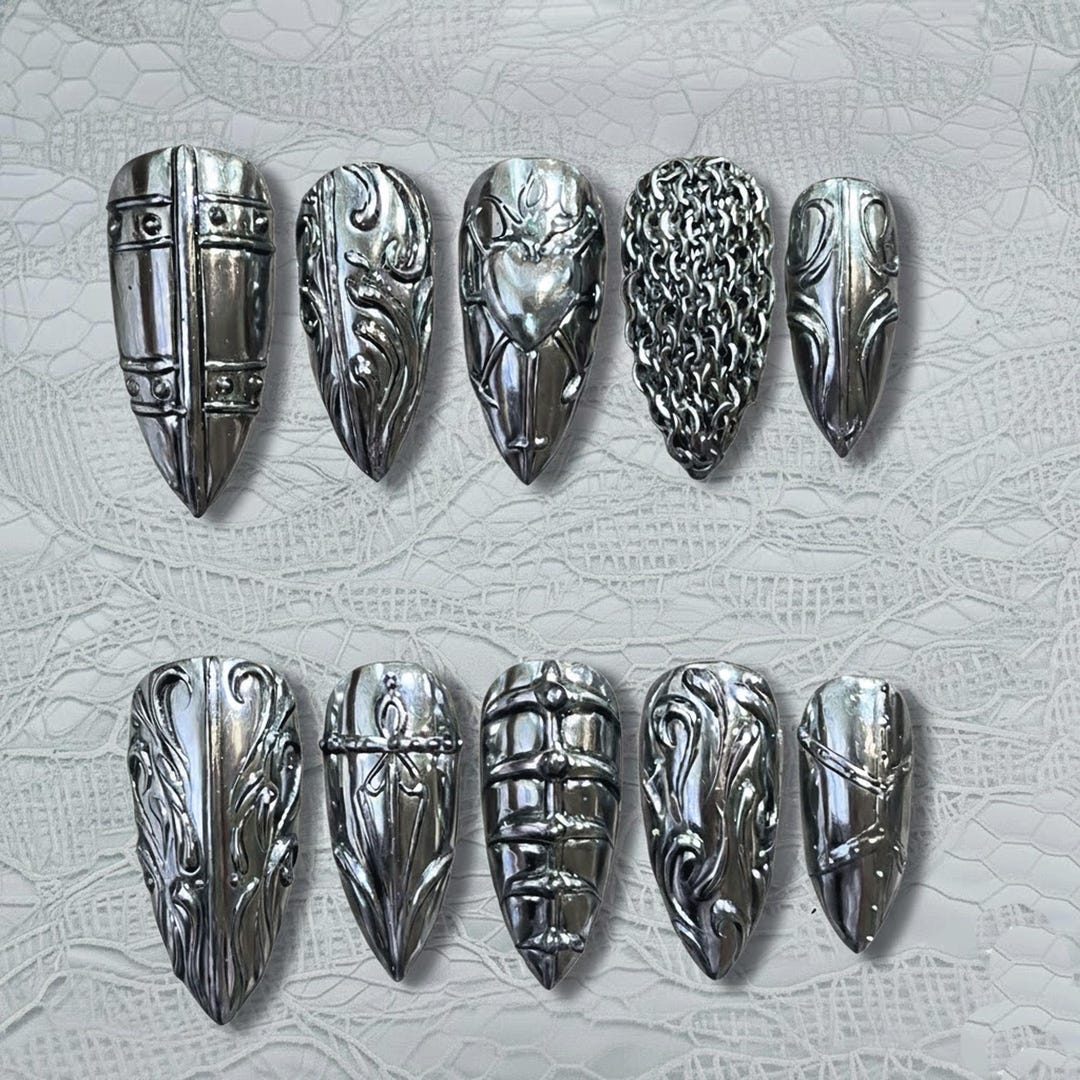 Handmade Silver Armor Press on Nails | Gothic Knight 3D Nail Art - Etsy
