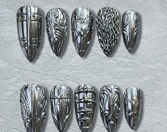 Handmade Silver Armor Press On Nails | Gothic Knight 3D Nail Art