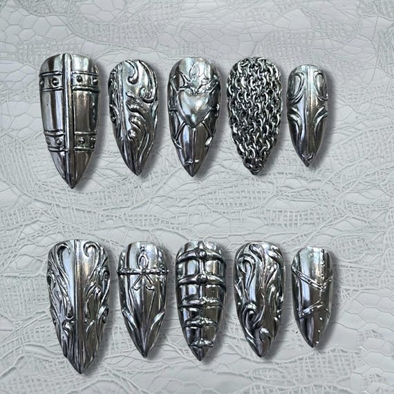 Handmade Silver Armor Press On Nails | Gothic Knight 3D Nail Art