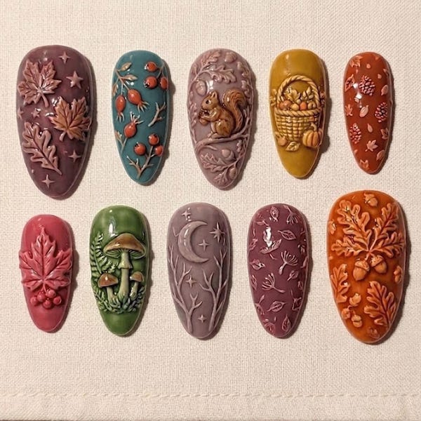 Autumn Forest Nails, 3D Woodland Nail Set, Handmade Fall Fake Nails, Mushroom Squirrel Acorn Leaf Berry Nails, Cottagecore Nature Manicure
