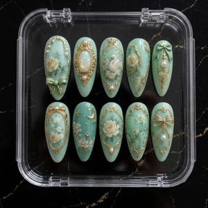 Vintage Mint Green Press On Nails | Rococo Floral Pearl Nails | Elegant Victorian Swan Handmade 3D Luxury Fake Nail Gift Set