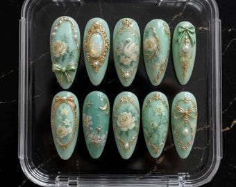 Uñas postizas vintage verde menta / Uñas rococó con perlas florales / Elegante set de regalo de uñas postizas 3D de lujo hechas a mano con cisne victoriano