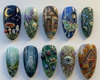 Uñas postizas estilo Fairycore / Uñas estilo Cottagecore / Uñas estilo fantasía boscosa / Diseño de uñas inspirado en la naturaleza / Uñas postizas 3D hechas a mano