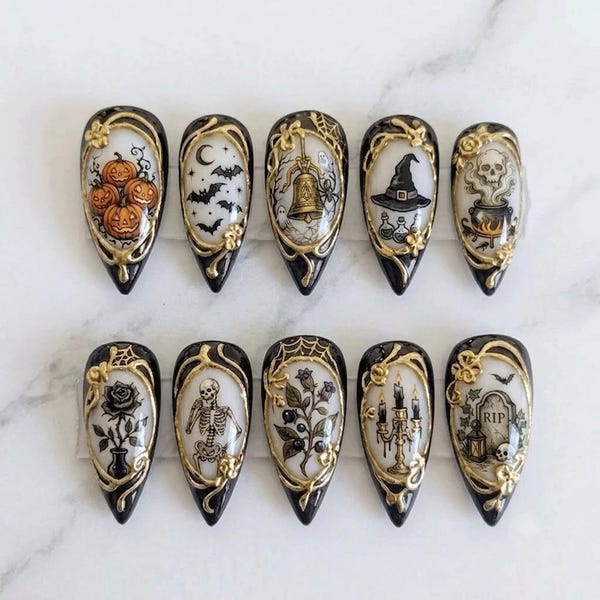 Halloween Gothic Press On Nails | Vintage Witchcore Black Gold 3D Nails | Spooky Pumpkin Skeleton Bat Handmade Fake Nails