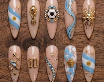 Argentina World Cup Press On Nails, Blue White Soccer Fan Nails, Handmade Reusable Fake Nails, Football Game Day Nail Set
