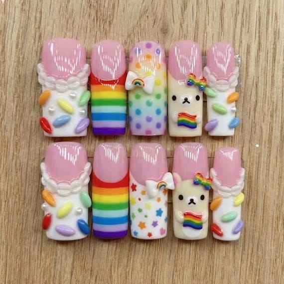 Pride Rainbow Kawaii Press On Nails | LGBT Bear, Candy & Decora Nail Art | Cute Pastel Pride Aesthetic, Handmade Festival Set