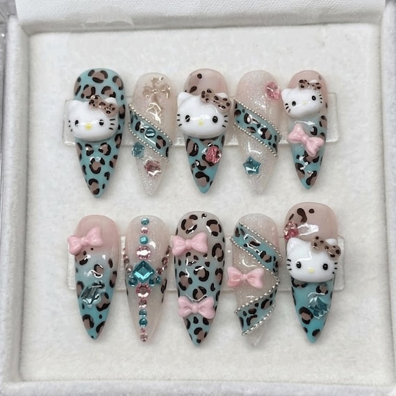 3D Charms Hello Kitty Press On Nails | Teal Blue Leopard Print Art | Kawaii Gyaru Aesthetic Y2K Luxury Pink Bow Handmade Fake Nails Set