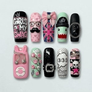 Handmade Harajuku Pop Culture Press On Nails | Kawaii Punk Cartoon Nails | Swag Street Style 3D Charm Nails image 1
