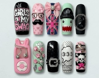 Handgemaakte Harajuku-popcultuurpers op nagels | Kawaii punk cartoon nagels | Swag Street Style 3D-bedelnagels