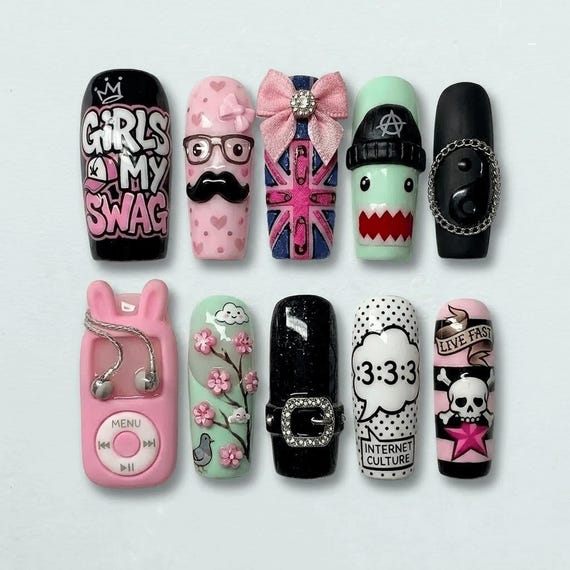 Handmade Harajuku Pop Culture Press On Nails | Kawaii Punk Cartoon Nails | Swag Street Style 3D Charm Nails