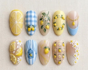 Press On Nails / Zitrone Cottagecore Stil / 3D Zitrone & Gänseblümchen Blumendetail / Sommerästhetik / Süße Nägel