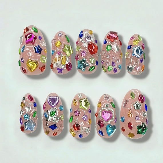 Handmade Jelly Gem Press On Nails | Kawaii 3D Heart & Star Glitter Nails