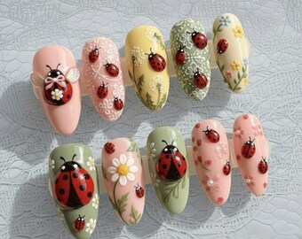 Handmade Ladybug Press On Nails | 3D Bee, Floral Garden Art