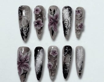 Gothic Floral Press On Nails | Black Grey Marble, 3D Purple Flowers, Ink Art Stiletto