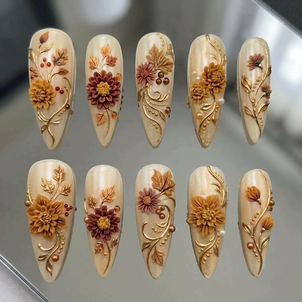 Floral Press On Nails | 3D Autumn Flowers & Gold Leaf Art | Elegant Botanical Pearl | Handmade Press On Nails