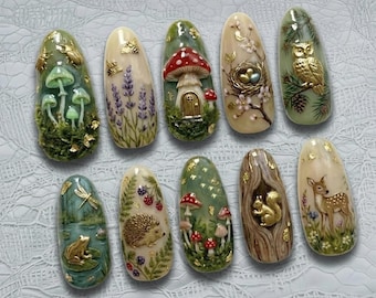Handmade Enchanted Forest Press On Nails | Woodland Animals, Mushrooms, Gold Leaf Art