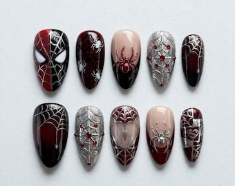 Handmade Cool Dark Spider Press On Nails | Superhero & Web Kawaii 3D Art | Red Silver Gothic Nails For Alt Emo Aesthetic Vibe