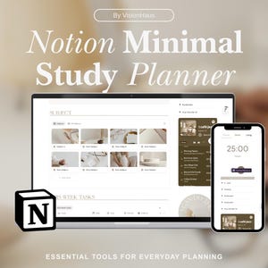Op de afbeelding: Een laptop en smartphone met een Notion Minimal Study Planner-interface. De laptop toont een onderwerpenlijst, terwijl de telefoon een timer heeft. Een zwarte kubus met een witte "N" staat op de voorgrond. De tekst luidt "ESSENTIAL TOOLS FOR EVERYDAY PLANNING."