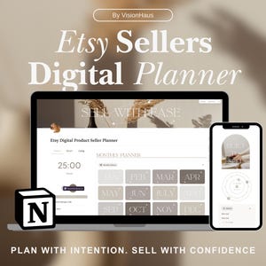 Könnte beinhalten: Ein digitaler Planer, der auf einem Laptop und Smartphone angezeigt wird, mit dem Text "Etsy Sellers Digital Planner". Der Laptop-Bildschirm zeigt eine monatliche Planer-Oberfläche. Das Smartphone zeigt einen kreisförmigen Fortschritts-Tracker. Der Text "PLAN WITH INTENTION. SELL WITH CONFIDENCE."