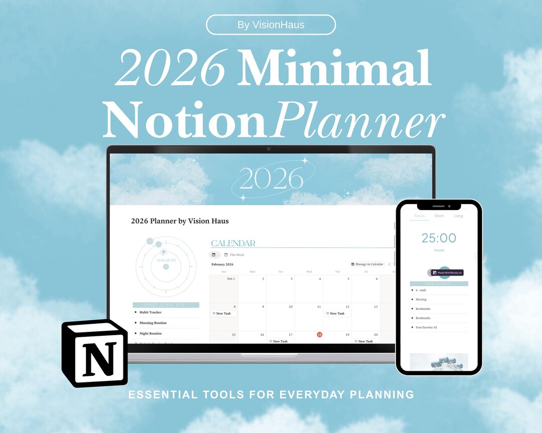 Notion Planner 2026 Blue Pastel Template | Daily Weekly Monthly Planner ...