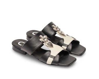 Designer Leather Slide Sandals - Limited Edition Elegant Women's Summer Footwear with Low Stacked Heel
