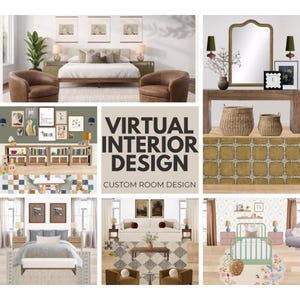 Puede incluir: Un collage de conceptos de diseño de interiores virtual que presenta varios diseños de dormitorios y salas de estar, muebles, decoración y alfombras. El texto central dice VIRTUAL INTERIOR DESIGN CUSTOM ROOM DESIGN en letras negras sobre fondo beige.