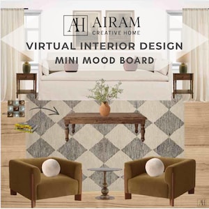 May include: A virtual interior design mood board featuring a cream-colored sofa, two armchairs, a wooden coffee table, and a patterned rug. The design includes a small side table, decorative pillows, and lamps. The text "AIRAM CREATIVE HOME" and "VIRTUAL INTERIOR DESIGN MINI MOOD BOARD" are visible.