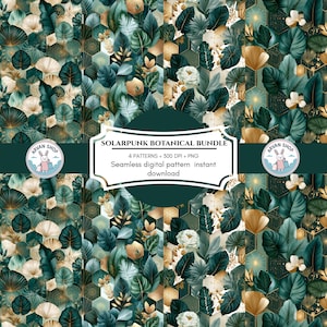 May include: A digital pattern bundle featuring four seamless botanical designs. The patterns showcase a mix of green, teal, and gold leaves, flowers, and geometric shapes. The text reads "SOLARPUNK BOTANICAL BUNDLE" and "Seamless digital pattern instant download."