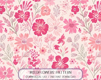 Pink Wildflowers Watercolor Pattern (Digital Download) – Commercial Use Fabric Print