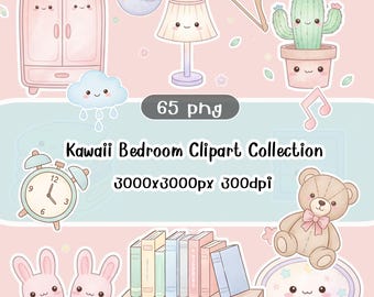 Clipart-Bundle Kawaii Schlafzimmer, Kinderzimmer Grafiken (65 PNG-Dateien)