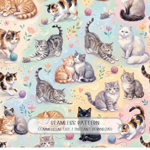 Könnte beinhalten: Nahtloses Muster mit verschiedenen Katzen in spielerischen Posen. Die Katzen sind in verschiedenen Farben dargestellt, darunter Orange, Grau, Schwarz und Weiß, mit Wollknäueln und Blumen. Der Text "SEAMLESS PATTERN" ist sichtbar.
