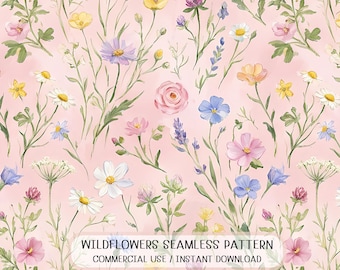 Seamless Wildflower Pink Floral Pattern Delicate Botanical Watercolor Cottagecore Fabric Digital Paper Design