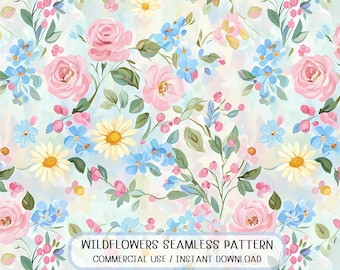 Seamless Wildflower Rose Daisy Pattern Pastel Floral Watercolor Garden Digital Paper Fabric Design
