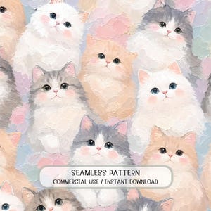 Söt katt sömlöst mönster digitalt papper kattungar tyg design pastell oljemålning kawaii kattunge bakgrund kommersiell användning direkt nedladdning